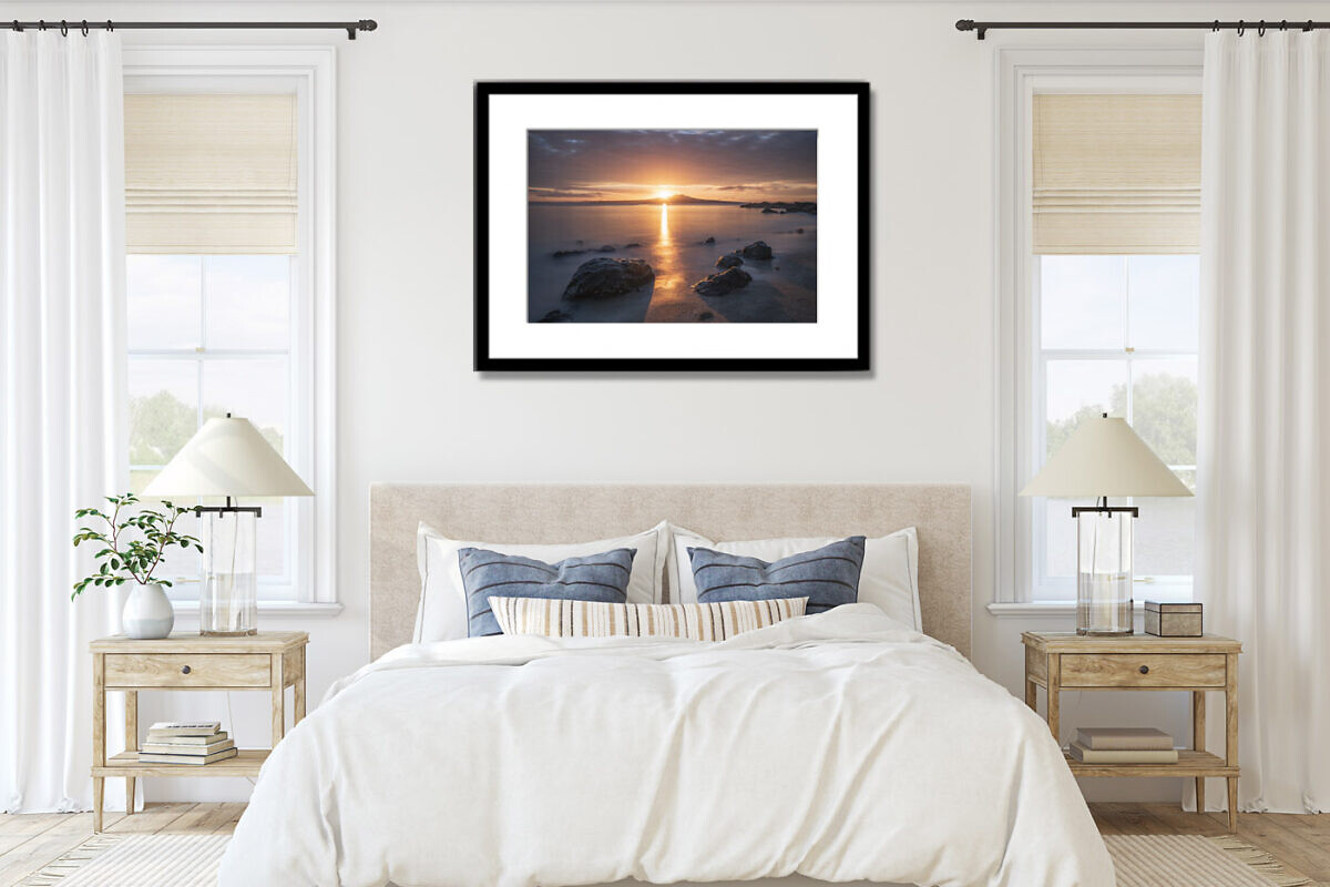 rangitoto sunrise from milford beach framed print